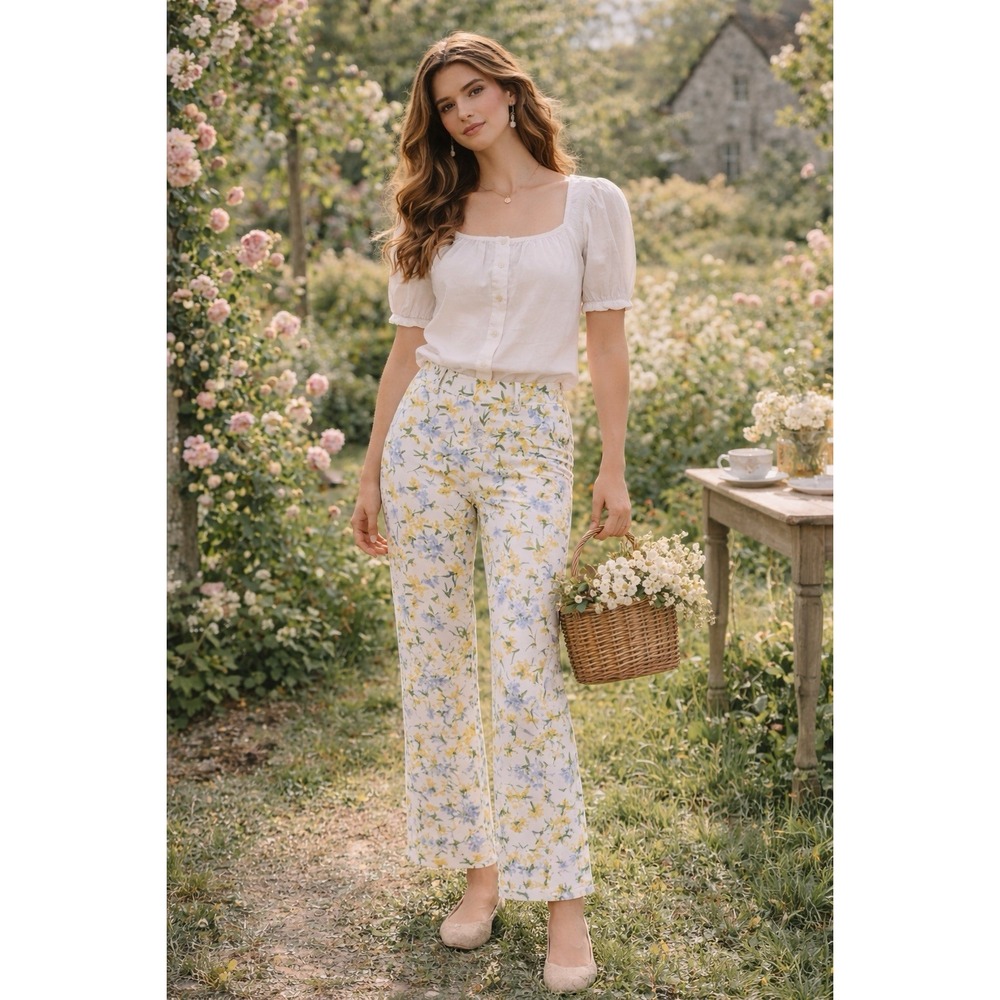 Calvin Klein Jeans‎ Womens 14 White Floral Cottagecore Spring Garden party Pants